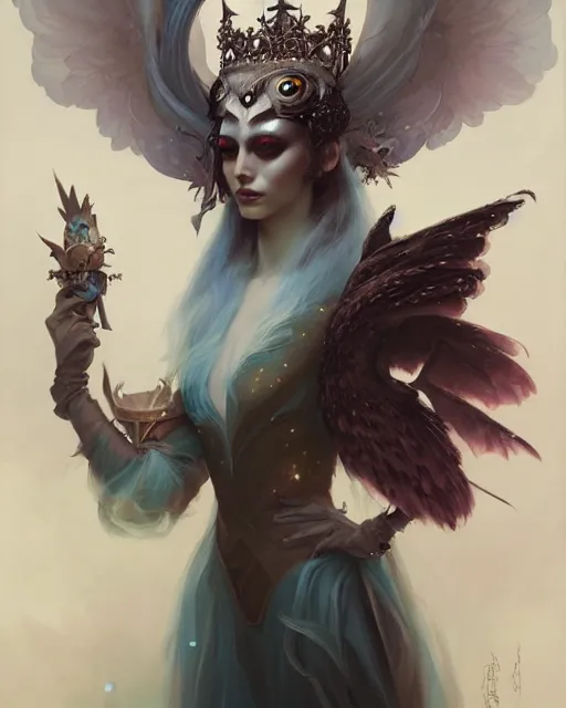 Image similar to a fantasy owl queen, beauty portrait by peter mohrbacher, tom bagshaw, greg rutkowski, wlop, ruan jia, opulent costume inspired by iris van herpen