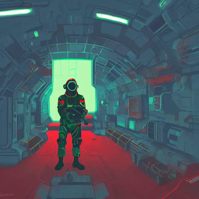 Prompt: A soldier wearing red armor, high-tech red armor, green visor, green lights in the armor, sci-fi soldier, nuclear operatives, inside a space station, dark blue space station, dark blue moods, art by James Gilleard, James Gilleard artwork, vintage
