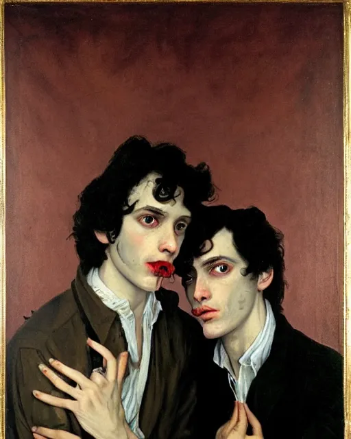 Prompt: a baroque painting of two beautiful but sinister young men wearing oxford shirts in layers of fear, with haunted eyes and dark hair, 1 9 7 0 s, seventies, wallpaper, a little blood, moonlight showing injuries, delicate embellishments, painterly, offset printing technique, by brom, robert henri, walter popp