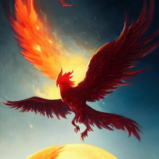 Image similar to phoenix flying in front of the moon, glowing light, fire, oil painting by greg rutkowski, 8 k