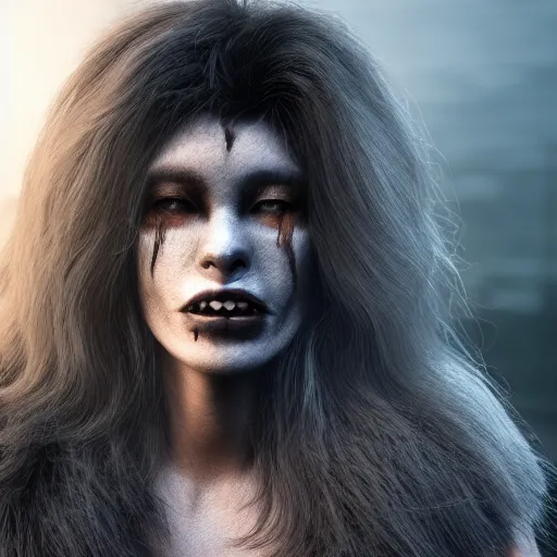 Prompt: woman transforming into a female werewolf at night with black realistic fur, ultra detail, unreal engine, 8 k