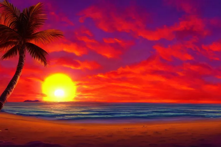 Prompt: beautiful digital painting of a fantasy tropical island beach, with large sun on the horizon, at sunset, trending on artstation, purple orange red color scheme, 4 k, atmospheric effects, cinematic lights