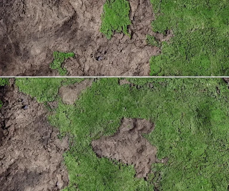 Image similar to an image split in half, post apocalyptic earth top, lush green earth bottom