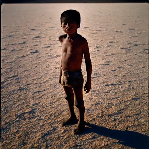 Prompt: photos of indigenous boy staring into the camera, distended abdomen, standing on a salt flat, highly detailed, muted colors, by national geographic