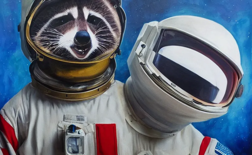 Prompt: oil painting of a racoon in a astronaut suit with helmet, 35mm, photo, Epic, cinematic, highly detailed and intricate