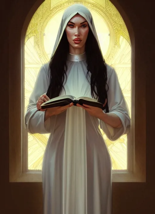 Prompt: portrait of megan fox as sexy nun, bible, church, catholic, christian, intricate, headshot, highly detailed, digital painting, artstation, concept art, sharp focus, cinematic lighting, illustration, art by artgerm and greg rutkowski, alphonse mucha, cgsociety