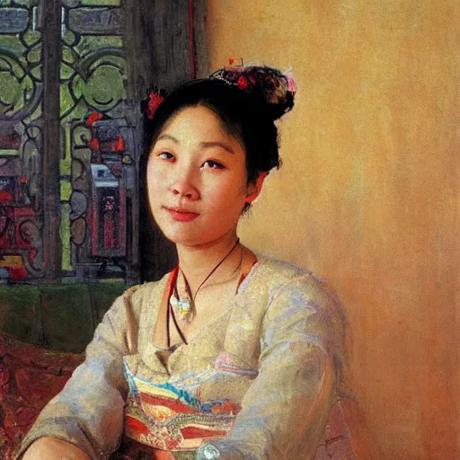 Image similar to portrait of asian beautiful woman talking smartphone masterpiece painting by vasnetsov and surikov, JEAN-VICTOR BERTIN, by Terence Cuneo, detailed, artfully traced, 4k resolution, cinematic, dramatic