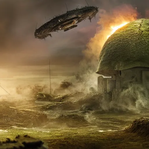 Image similar to natural looking fight landscape of ww 1 deep trenches with fortifications, crabs fighting with elephants, green gas spreading across land, futuristic tank is on fire, ground explosion in the background, alien mothership in the sky, hyper realistic, highly detailed, dramatic lighting, raytarced, god rays, 4 k, 8 k, matte painting