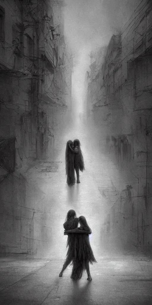 Prompt: death child and women hugging in an empty street, in the style of keith thompson and zdzislaw beksinski, artstation hd, 8 k, surrealistic digital artwork, post apocalyptic street