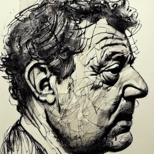 Prompt: a realistic yet scraggly portrait sketch of the side profile of a stern and sophisticated dean ween, trending on artstation, intricate details, in the style of frank auerbach, in the style of sergio aragones, in the style of martin ansin, in the style of david aja, in the style of mattias adolfsson