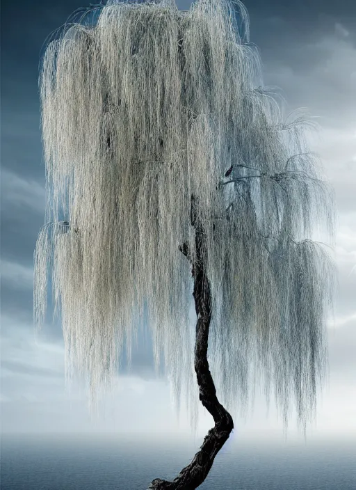 Image similar to nature photograph of a weeping willow with black bark and silver leaves sitting on a cliff in the distance in the style of stefan kostic, realistic, half body shot, sharp focus, 8 k high definition, insanely detailed, intricate, elegant, art by stanley lau and artgerm, luis royo, cloudy background