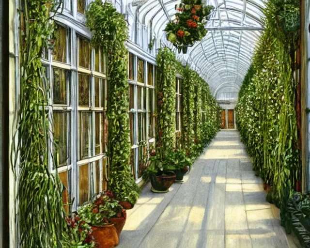Prompt: Victorian greenhouse corridor decorated with potted plants, hyper-realism