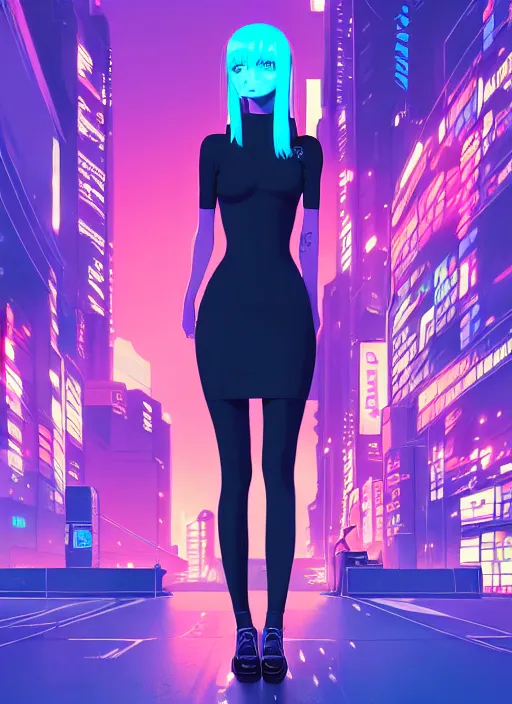 Prompt: digital illustration of cyberpunk pretty girl with blue hair, wearing a tight black dress, full body pose, in city street at night, by makoto shinkai, ilya kuvshinov, lois van baarle, rossdraws, basquiat