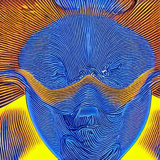 Image similar to human man that resembles a wasp morh in surreal sketch style, blue and yellow gradient, noise, ultrafine detail, hd 8k, logo illustration