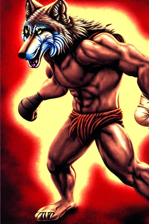Prompt: extreme long shot. 8 bit nes graphics. antropomorphic muscular masculine wolf. kickboxer fighter, ( in shorts ). wolf head. art from nes game cartridge. 4 k, extreme detail, doom 2 0 1 6 engine