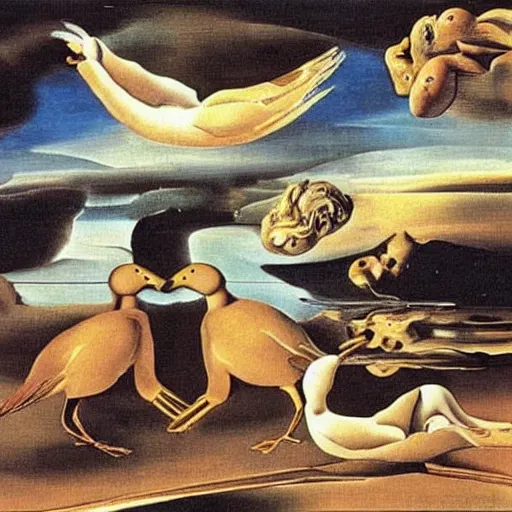 Image similar to Geese being naughty, Salvador Dali style