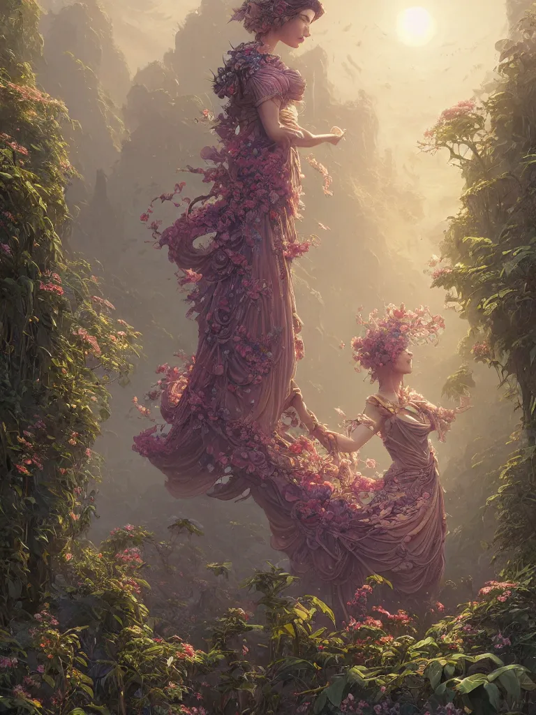 Image similar to highly detailed ornate flower dress, stephen bliss, unreal engine, fantasy art by greg rutkowski, loish, rhads, ferdinand knab, makoto shinkai and lois van baarle, ilya kuvshinov, rossdraws, tom bagshaw, global illumination, radiant light, detailed and intricate environment