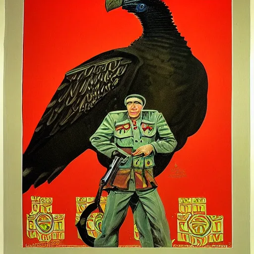 Image similar to a detailed and complex, highly detailed, concept art, soviet propaganda poster depicting a dromaius in military uniform. painting by irakli toidze,