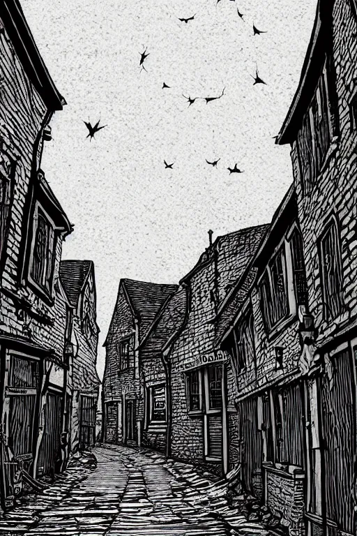 Prompt: a beautiful woodcut print of shambles and little shambles york, 8 k, frostbite 3 engine, cryengine, dof, trending on artstation, digital art, crepuscular ray, art by fossi _ images and tugboat printshop