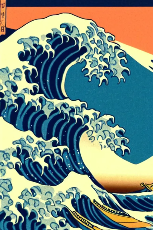 Prompt: The Great Wave off Kanagawa as a Vintage Travel Poster, Moon in the background