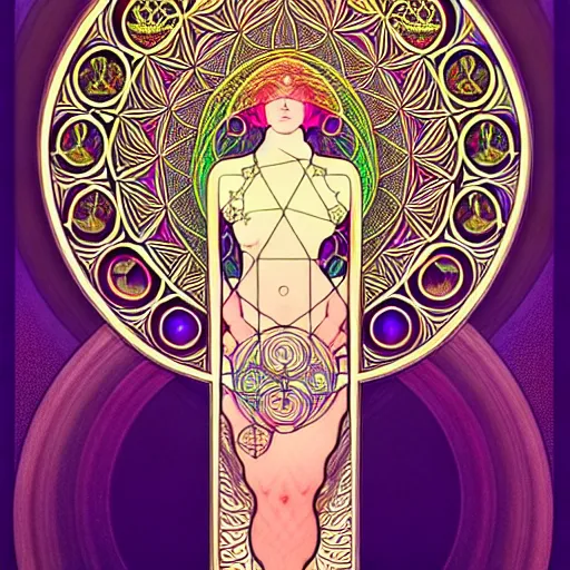 Image similar to psychedelic sacred geometry, intricate, sophisticated, ultra realistic, incredibly detailed, diagram, illustration, trending on artstation, art by alphonse mucha