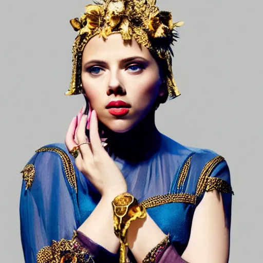 Image similar to scarlett johansson dressed as a greek goddess in front of a ring of sapphire rose ring, ornate gold border, vignette, warm tri - color, subtle chromatic aberration, painted by francis goya