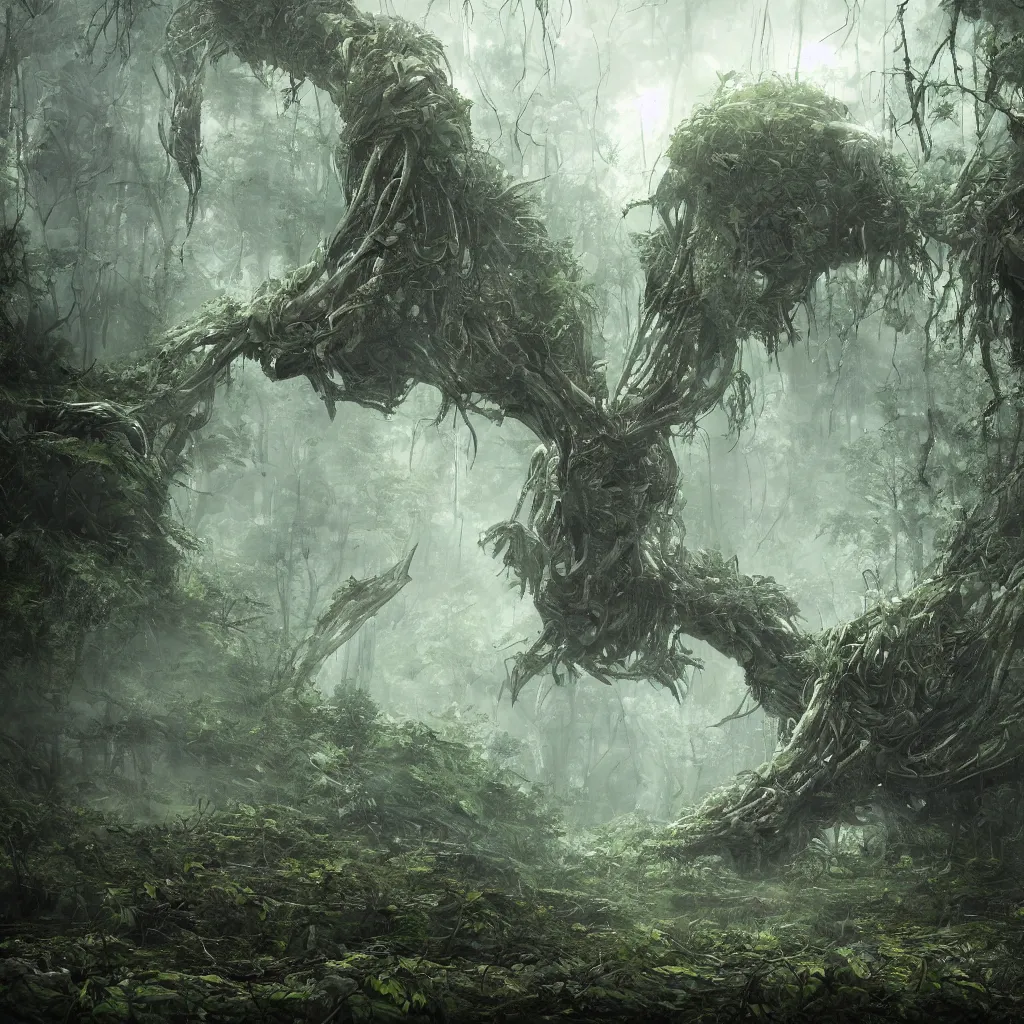 Image similar to a derelict alien machine covered in foliage deep in the forest, trending on artstation, 4k, award-winning art, beautiful somber melancholic atmosphere, detailed matte painting