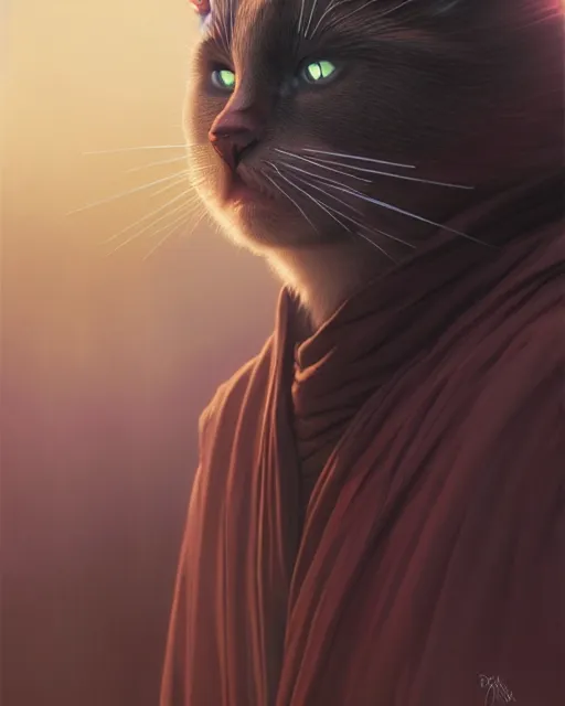 Image similar to highly detailed surreal vfx portrait of a sith cat with black robes, stephen bliss, unreal engine, greg rutkowski, loish, rhads, beeple, makoto shinkai and lois van baarle, ilya kuvshinov, rossdraws, tom bagshaw, alphonse mucha, global illumination, detailed and intricate environment