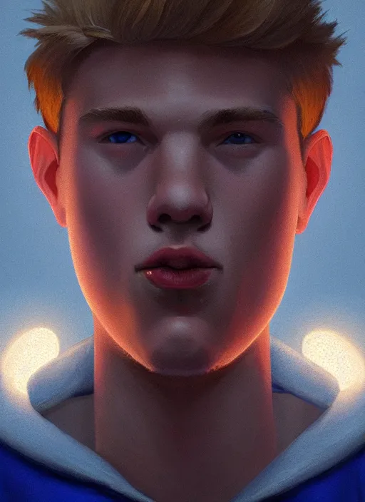 Image similar to portrait of high school senior boy named big moose, blonde short hair, jock, beefy, wide face, square jaw, square facial structure, blue varsity jacket with letter r, intricate, elegant, glowing lights, highly detailed, digital painting, artstation, concept art, sharp focus, illustration, art by wlop, mars ravelo and greg rutkowski