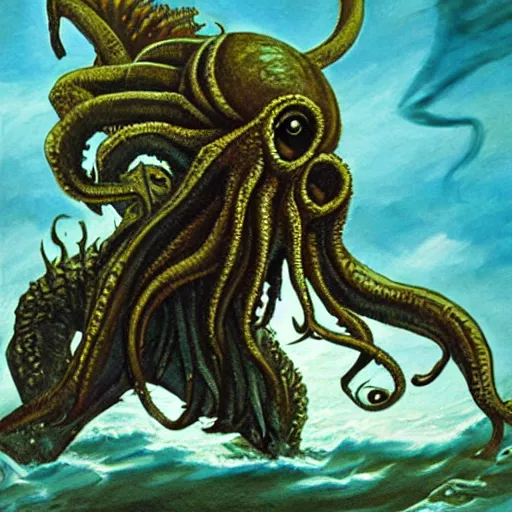 Prompt: Cthulhu emerging from the Great Pacific Thrash Patch with thrash in his face, Painting, fantasy art
