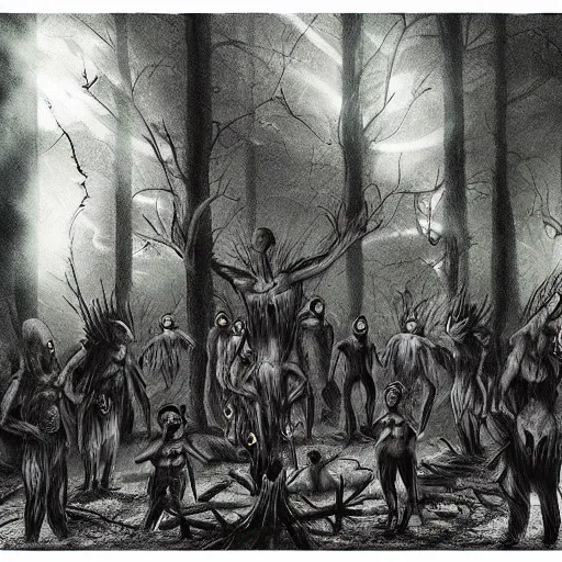 Image similar to Gathering of cryptids in a forest at night, bonfire, creepy, shadows, trending on artstation