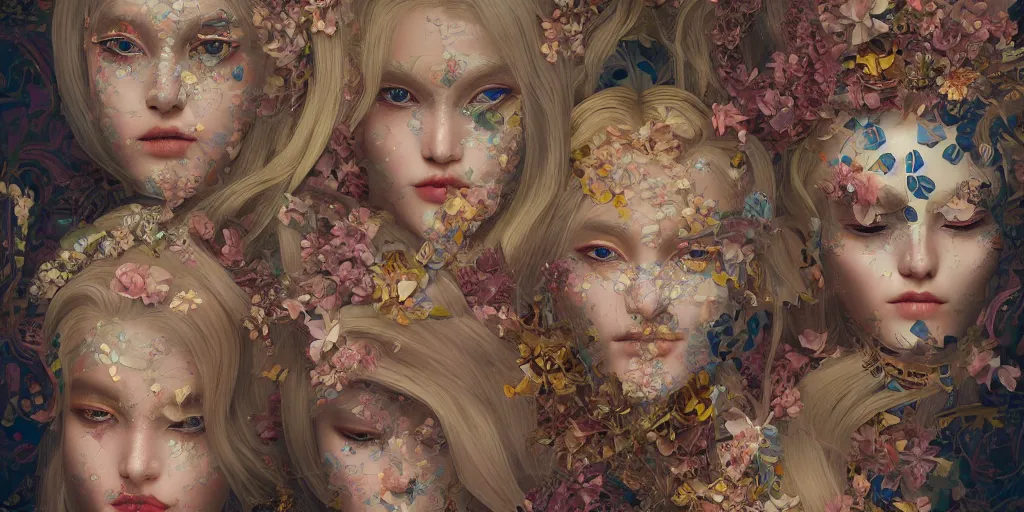 Image similar to breathtaking detailed concept art painting kaleidoscope art deco pattern of blonde faces goddesses amalmation flowers, by hsiao - ron cheng, bizarre compositions, exquisite detail, extremely moody lighting, 8 k