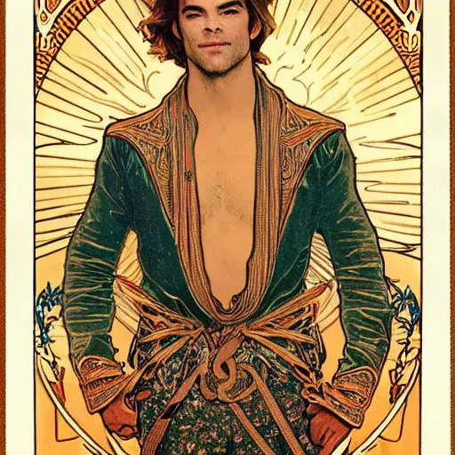Prompt: chris pine portrait by louis - theophile hingre and alphonse mucha, realistic, sharp focus, zodiac signs, tarot cards, planets, ethereal, art nouveau, magic, moon, sun, crown, dreamy, royal, jewellery