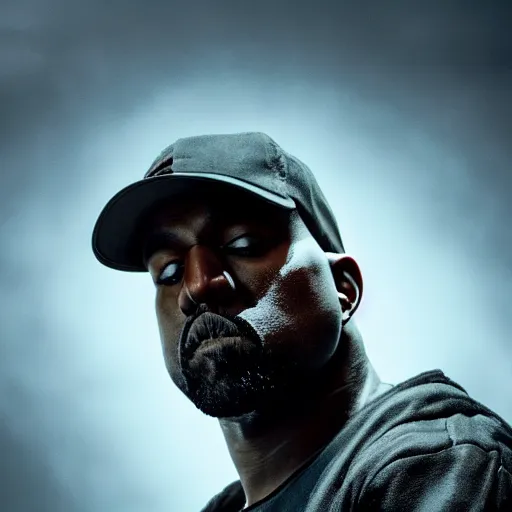 Image similar to Kanye West as the Punisher, splash art, movie still, cinematic lighting, dramatic, octane render, long lens, shallow depth of field, bokeh, anamorphic lens flare, 8k, hyper detailed, 35mm film grain