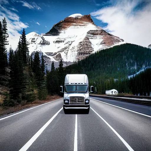 Prompt: ram truck driving through rocky mountains, kraftwerk album cover