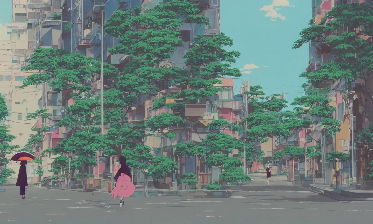 Image similar to A cute aesthetic still frame from an 80's anime, Studio Ghibili, Kyoto animation studio, minimal street in Japan with lush plants, sun set, tall buildings, girl walking with umbrella
