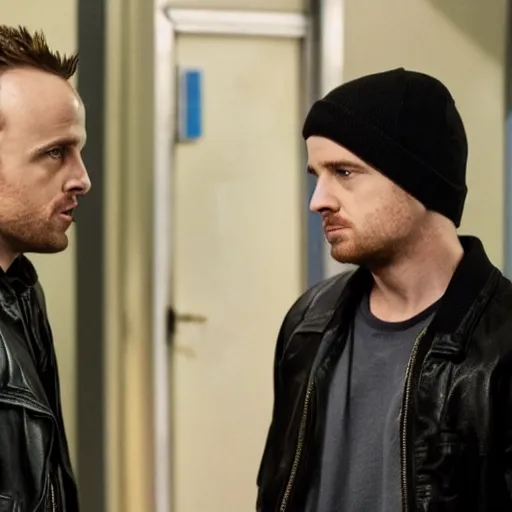 Prompt: jesse pinkman meets the black hood, still from riverdale