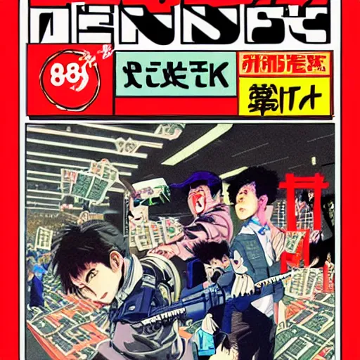 Image similar to 1989 Magazine Cover, Anime Neo-tokyo bank robbers fleeing the scene with bags of money, Police Shootout, Highly Detailed, 8k :4 by Katsuhiro Otomo : 8