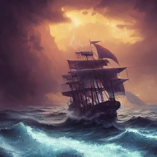 Image similar to A pirate ship in the middle of the sea during a storm, fantasy art, in the style of greg rutkowski, illustration, epic, fantasy, intricate, hyper detailed, artstation, concept art, smooth, sharp focus, ray tracing