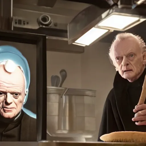 Prompt: A still of Ian McDiarmid as Palpatine making a pizza, 4k, photograph, ultra realistic, highly detailed, professional lighting