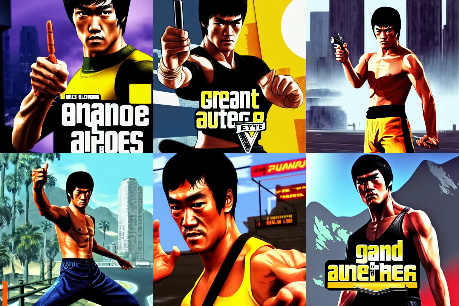 Prompt: Bruce Lee in Grand Theft Auto 5 covert art, epic, 4k resolution, extremely detailed, very sharp, artstation, digital art, vibrant