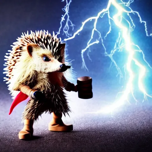 Image similar to the hedgehog thor ~ holding his hammer ~ dramatic thunder background ~ fighting scene ~