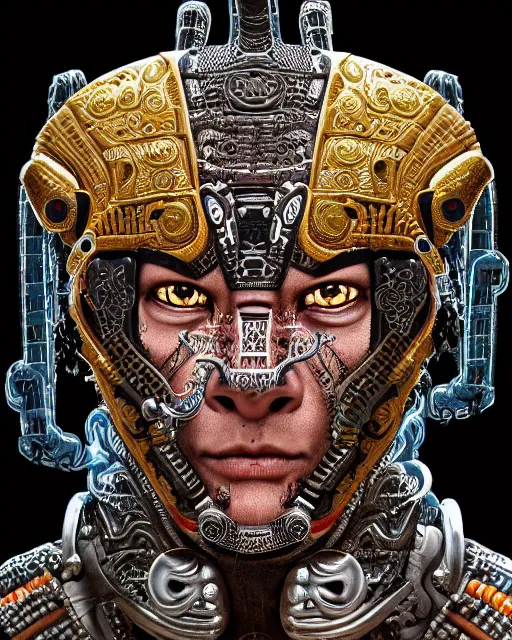 Prompt: portrait of a mayan masculine male cyberpunk jaguar warrior, machine face, upper half portrait, decorated with italian opera motifs, muscular, latin, geek mythology, wuxia, traditional mayan art, intricate intense elegant, highly detailed symmetry headpiece digital painting artstation concept art smooth sharp focus illustration, art by moebius and frank miller diego rivera 8 k