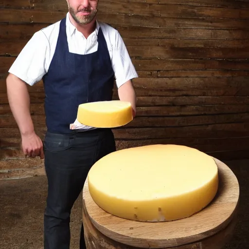 Image similar to simon whistler eating a large wheel of cheese,