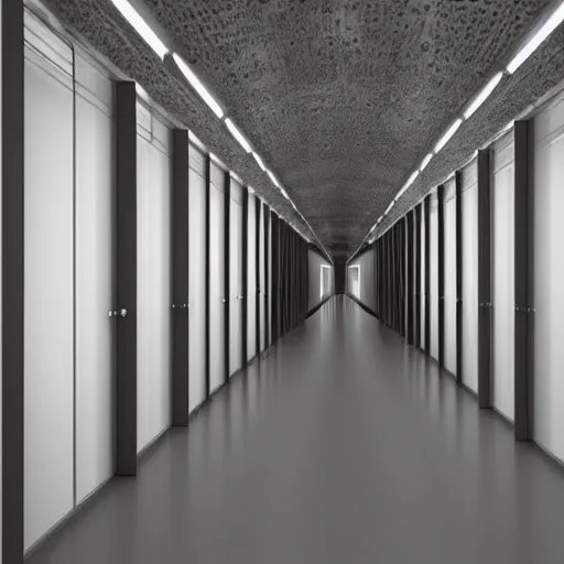 Image similar to a dark room with an infinity of numbered doors.