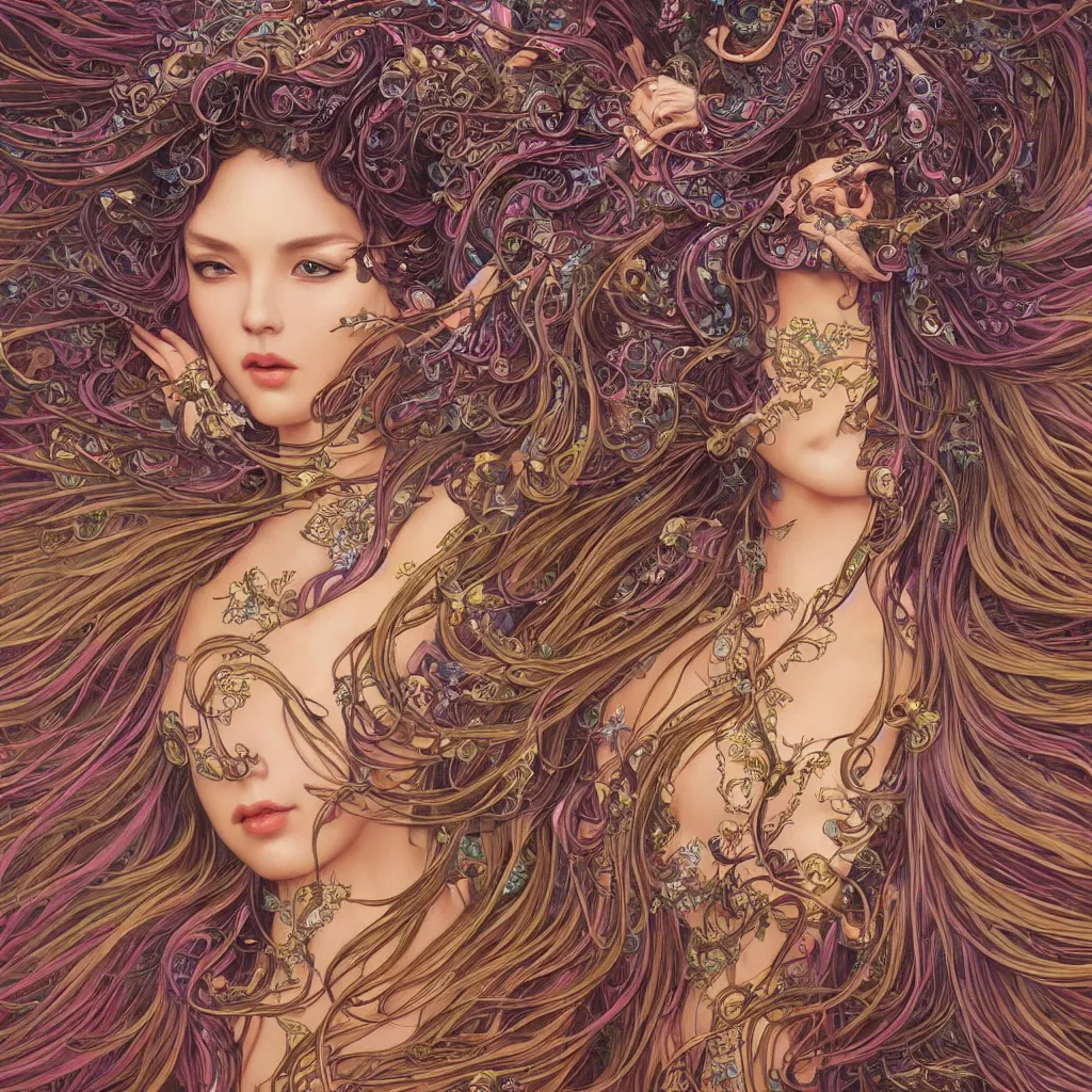 Prompt: goddess dancing, flowing hair, fantasy, alex grey style, surreal, intricate and very beautiful and elegant, highly detailed, digital painting, trending on artstation, concept art, smooth and sharp focus, illustration, art by tan zi and ayanamikodon and alphonse mucha and wlop