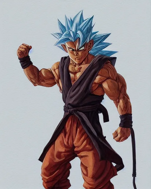 Image similar to a oil / watercolor painting full body character portrait of an old humanoid cat martial artist / mercenary going super saiyan in the style of moebius in the style of leonard boyarsky trending on artstation deviantart pinterest detailed photorealistic highlights and shadow hd 8 k post - processing high resolution