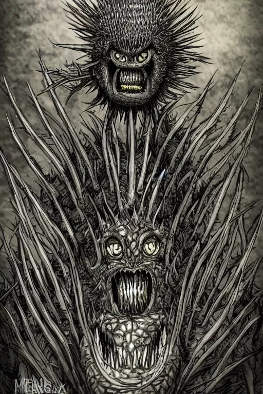 Image similar to thistle monster heavily armoured, symmetrical, highly detailed, digital art, needles, thorns, sharp focus, trending on art station, kentaro miura manga art style