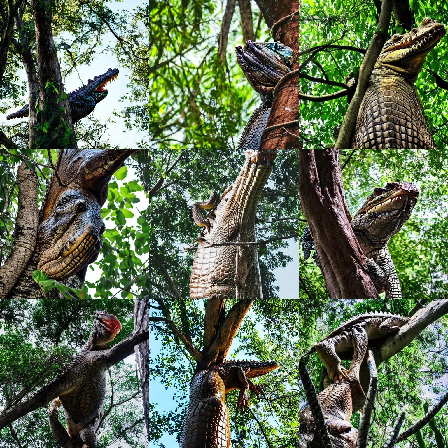 Prompt: Low angle photo of large crocodile climbing the tree