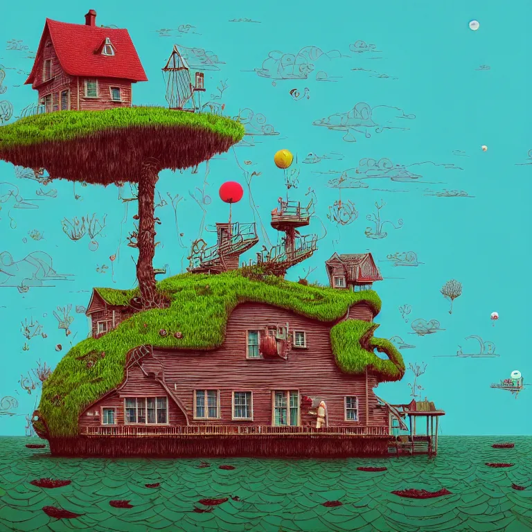 Image similar to house on island, sea cloud, surreal art by gediminas pranckevicius, geof darrow, keith harring, dark shadows, hard lighting, floralpunk, inking, etching, screen print, masterpiece, trending on artstation, sharp, colorful high contrast hd, 8 k hyper detailed